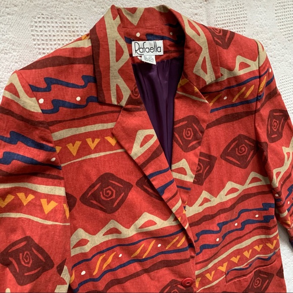 Oversized Vintage 90's Geo Batik Print one-button Linen Blazer 12 - Picture 4 of 9